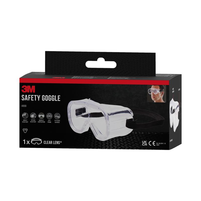 Une boîte des lunettes de protection 3M™ Classic 4800 de 3M Deutschland GmbH contient une visière transparente, une image du produit sur le devant, des symboles pour une protection ventilée indirectement et une petite photo d'une personne portant les lunettes.