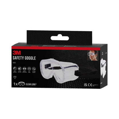 Une boîte des lunettes de protection 3M™ Classic 4800 de 3M Deutschland GmbH contient une visière transparente, une image du produit sur le devant, des symboles pour une protection ventilée indirectement et une petite photo d'une personne portant les lunettes.