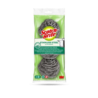 Eine Packung Scotch-Brite® Edelstahl-Spirale von 3M Deutschland GmbH mit 3 Stück. Die grün-klare Verpackung zeigt die Schrubber, Marke, Produktinfo, Topfgrafik, und ist ideal für die Küchenreinigung und hartnäckigen Schmutz.