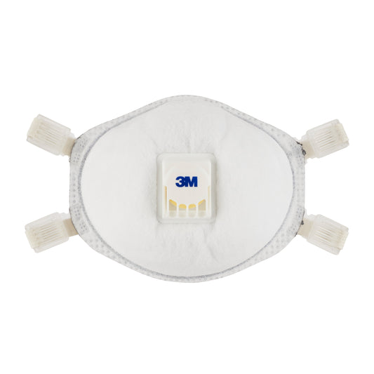 Die 3M™ Cool Flow™ Partikelmaske 9928 für Schweißarbeiten von 3M Deutschland GmbH verfügt über ein Ausatemventil und vier verstellbare Bänder, abgebildet vor einem einfarbigen Hintergrund. Packung: 1 Stück.
