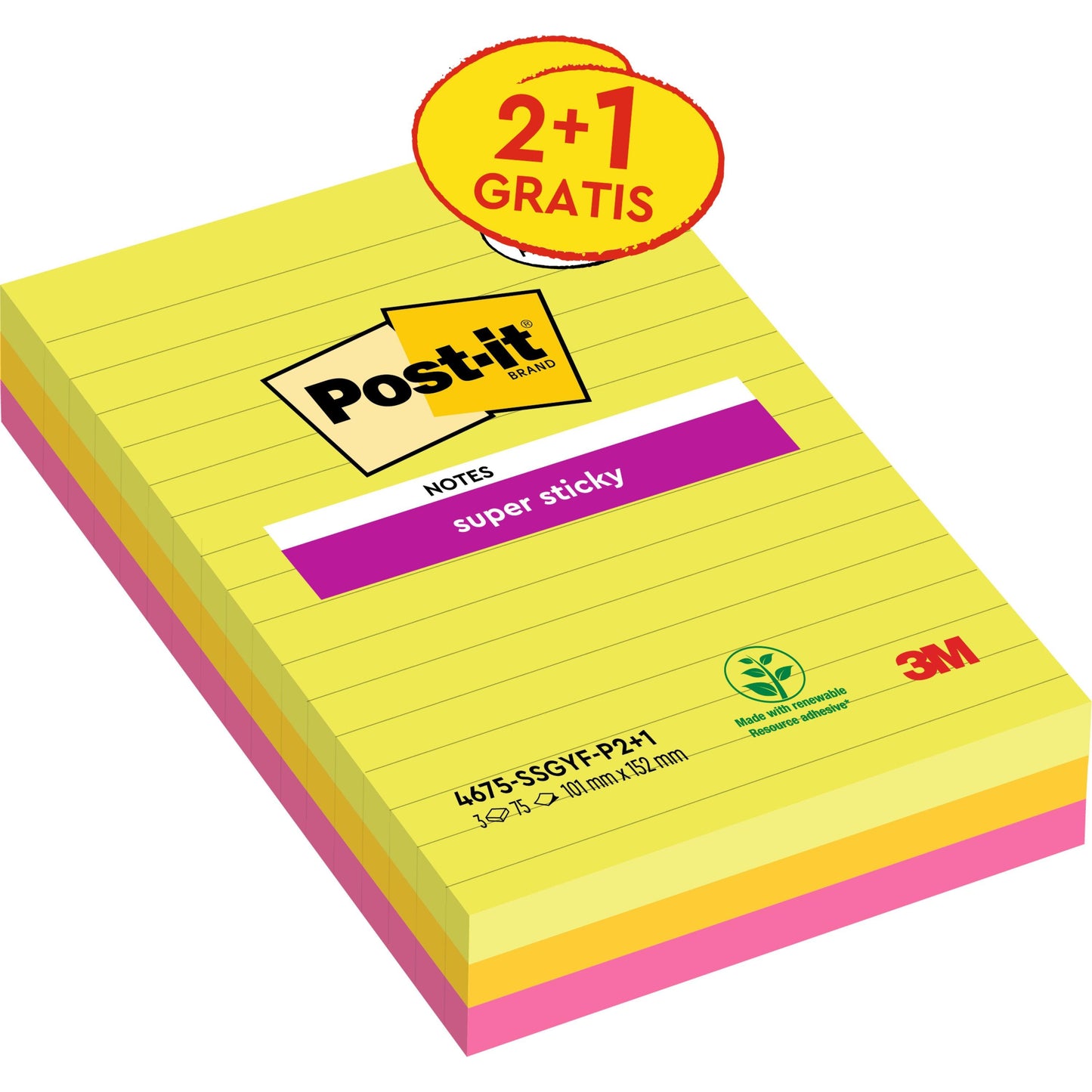 Un pack de 3 blocs de Post-it® Super Sticky Notes grand format, ligné (101x152 mm), en différentes couleurs de 3M Deutschland GmbH, avec 75 feuilles chacun. Fabriqué à partir de papier certifié PEFC à 100% (SGSCH-PEFC-COC-110078).