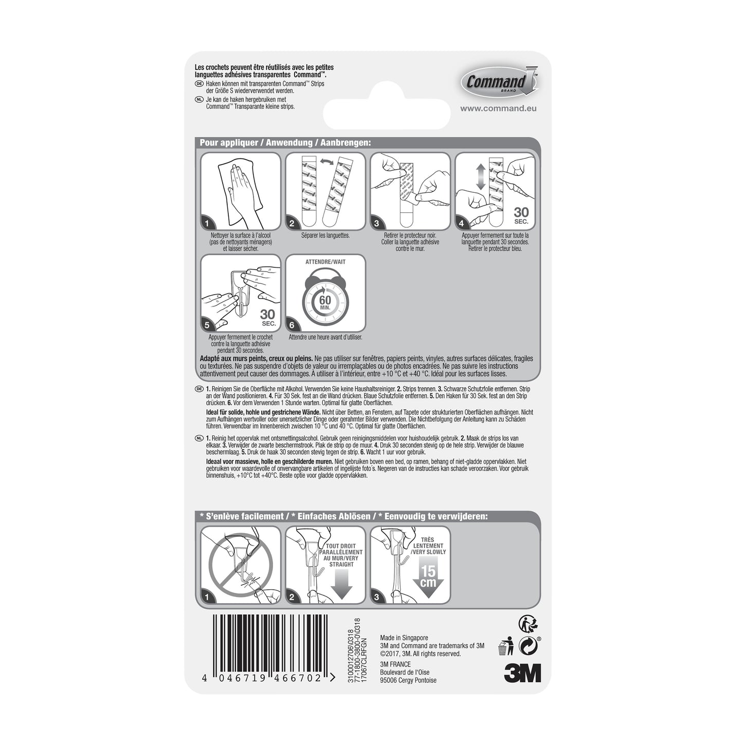 Der Command™ Drahthaken, klein, transparent, mit transparenten Strips von 3M Deutschland GmbH verfügt über eine Verpackungsrückseite mit bebilderter Schritt-für-Schritt-Anleitung in mehreren Sprachen, Sicherheitshinweisen und Produktinformationen am unteren Rand.