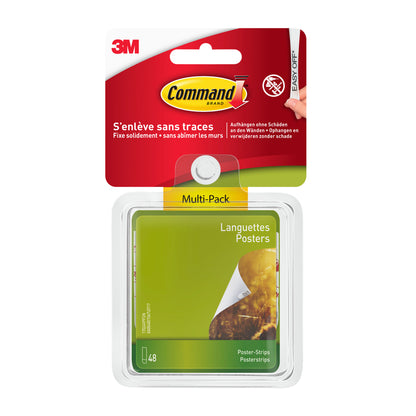 Ein Vorteilspack Command™ Poster-Strips (17024-VP) von 3M Deutschland GmbH enthält 48 Klebestreifen zum Befestigen von Postern ohne Bohren, mit mehrfarbiger Verpackung und französisch-englischer Beschriftung.