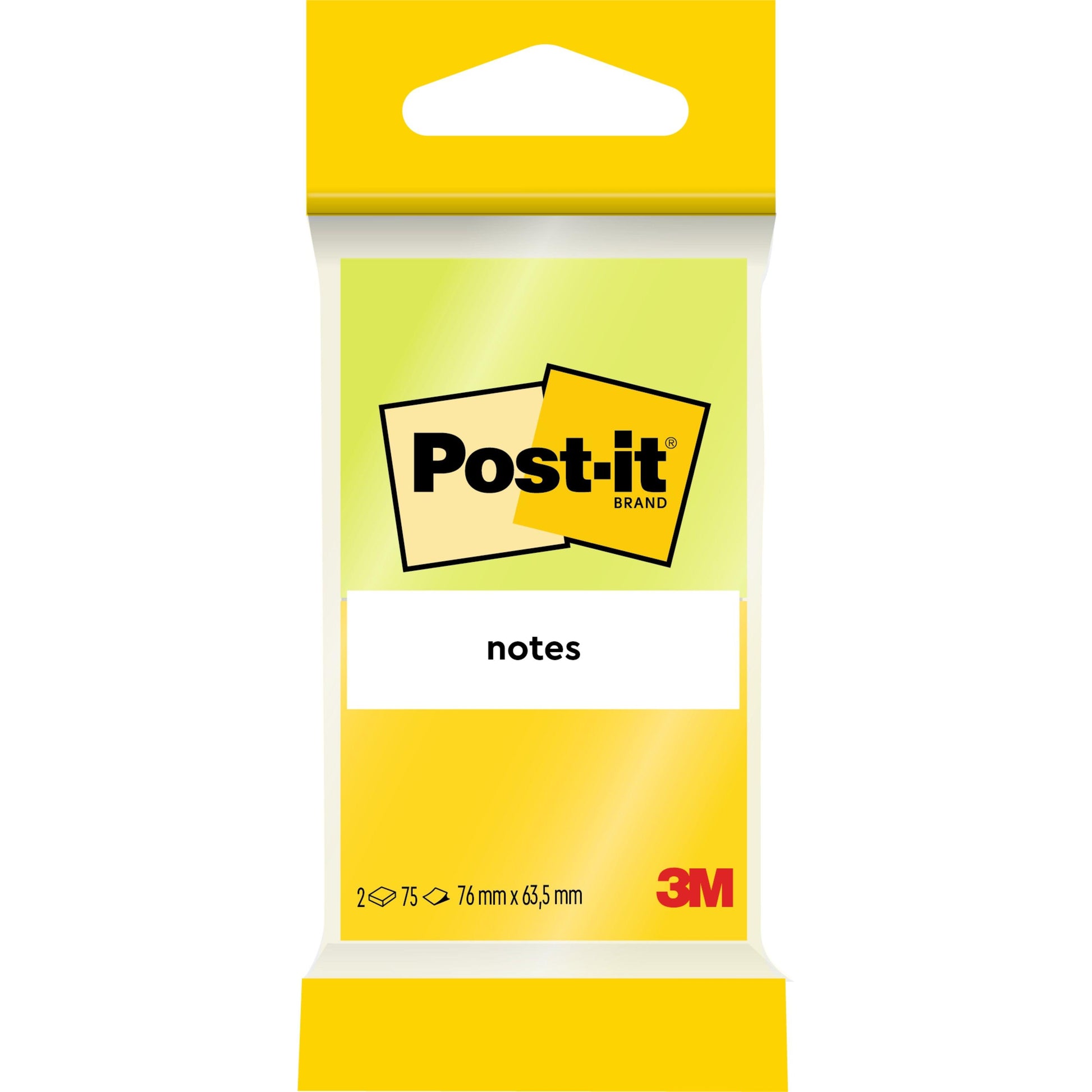 Eine gelbe Packung Post-it® Notes Joyful Collection von 3M mit dem schwarzen Etikett "notes" enthält zwei Blöcke mit je 75 Blatt (76 x 63,5 mm), die PEFC-zertifiziert sind (SGSCH-PEFC-COC-110078) und aus verantwortungsvollen Quellen stammen.