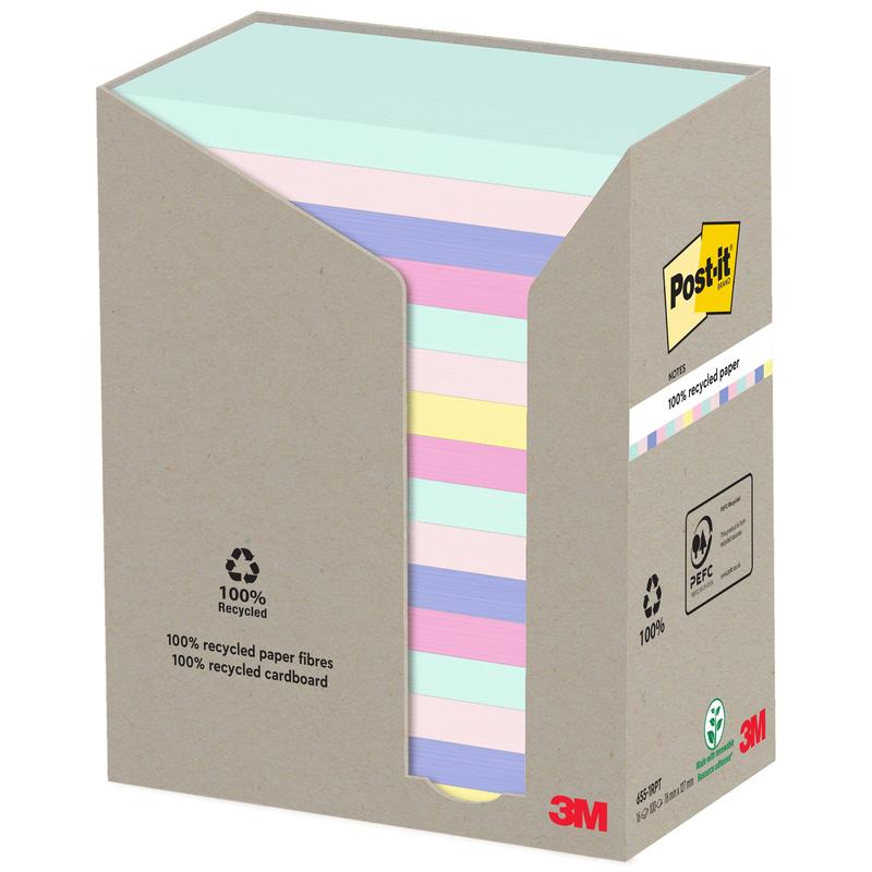 Une boîte de notes de recyclage Post-it® (76 mm x 127 mm, 100 feuilles/bloc, 100% PEFC) de 3M Deutschland GmbH contient des notes pastel lignées et affiche le logo Post-it avec des symboles de recyclage sur le devant.