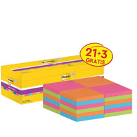 Un paquet jaune de Post-it® Super Sticky Notes de la société 3M Deutschland GmbH (76 x 76 mm, 90 feuilles par bloc, 100 % PEFC) contient 24 blocs de couleurs différentes portant l'étiquette promotionnelle « 21 + 3 gratuits ».