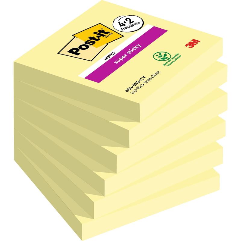 Feuillets super collants Post-it®, Jaune, 76 mm x 76 mm, Promotion, 90 feuilles/bloc, 4 blocs + 2 gratuits/paquet, 100 % PEFC, SGSCH-PEFC-COC-110078 | Paquet (6 pièces)