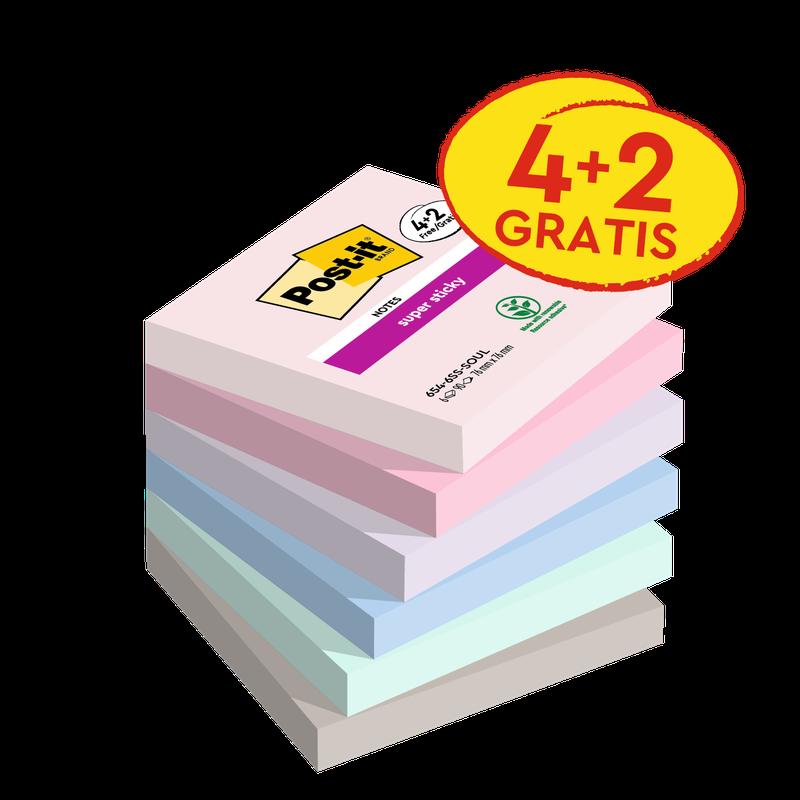 Post-it® Super Sticky Notes, Soulful Collection, 76 mm x 76 mm, Promotion, 90 Blatt/Block, 4 Blöcke + 2 Gratis/Packung, 100% PEFC, SGSCH-PEFC-COC-110078 | Packung (6 Stück)