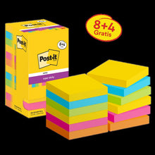 Feuillets super collants Post-it®, collection Carnival, 76 mm x 76 mm, promotion, 90 feuilles/bloc, 8 blocs + 4 gratuits/paquet, emballage en carton, 100 % PEFC, SGSCH-PEFC-COC-110078 | Paquet (12 pièces)