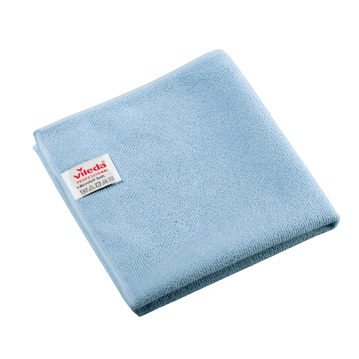 Gefaltetes blaues Vileda Professional r-MicroTuff Swift Microfasertuch mit eingenähtem weißem Etikett, das Markenname und Pflegesymbole trägt.