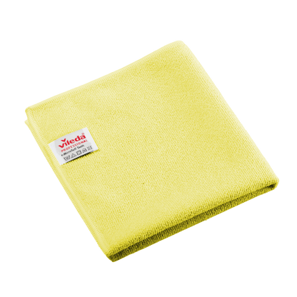Gefaltetes gelbes Vileda Professional r-MicroTuff Swift Microfasertuch mit eingenähtem weißem Etikett.