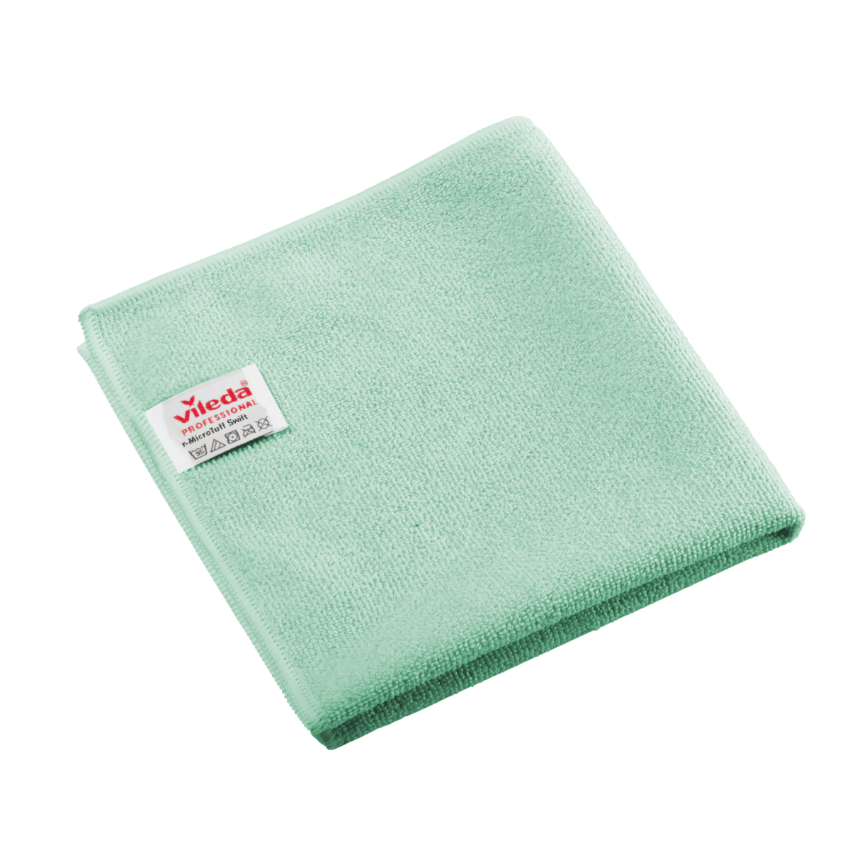 Gefaltetes grünes Vileda Professional r-MicroTuff Swift Microfasertuch mit eingenähtem weißem Etikett.