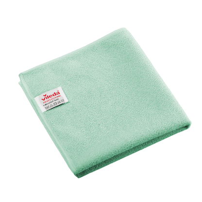 Gefaltetes grünes Vileda Professional r-MicroTuff Swift Microfasertuch mit eingenähtem weißem Etikett.