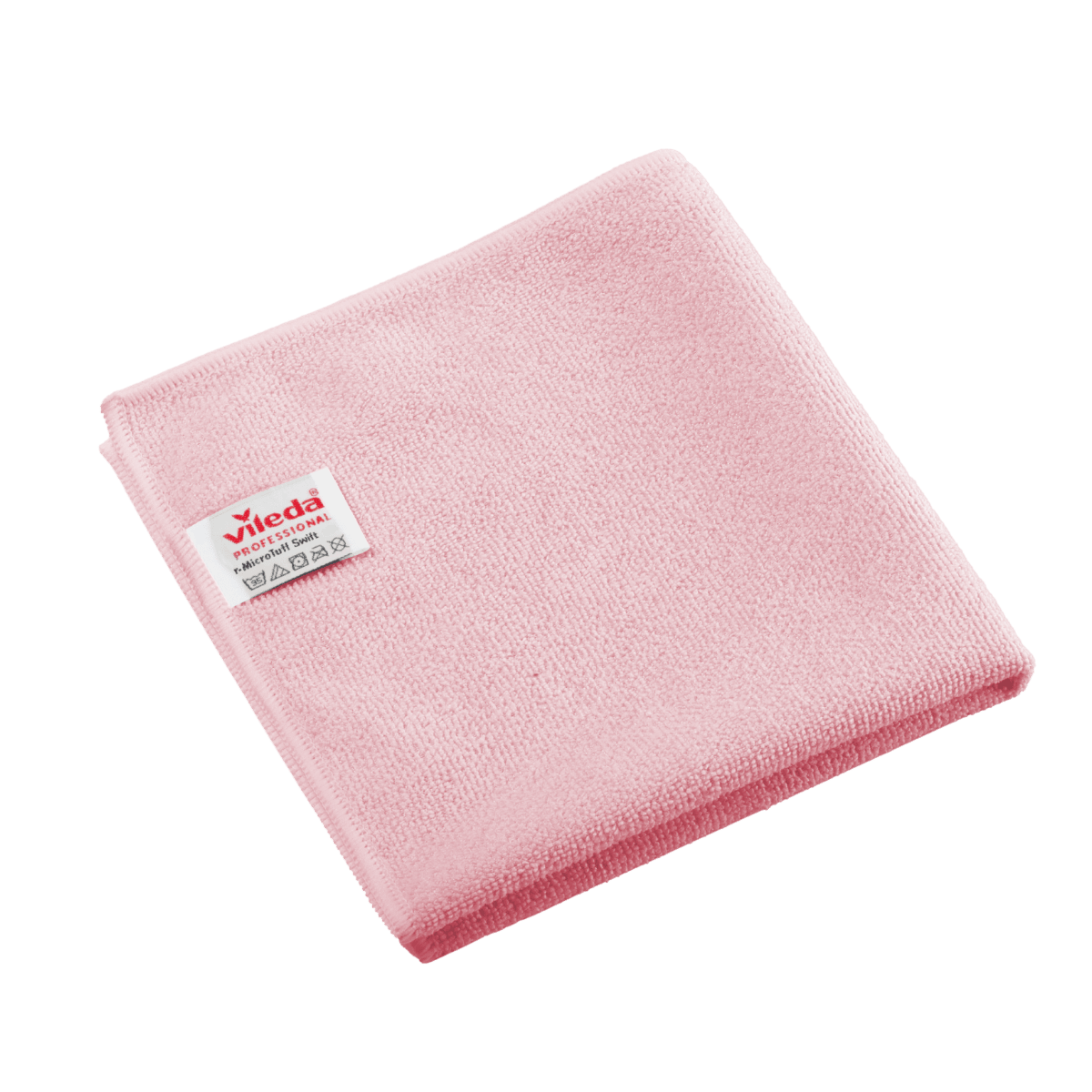 Gefaltetes rotes Vileda Professional r-MicroTuff Swift Microfasertuch mit eingenähtem weißem Etikett.