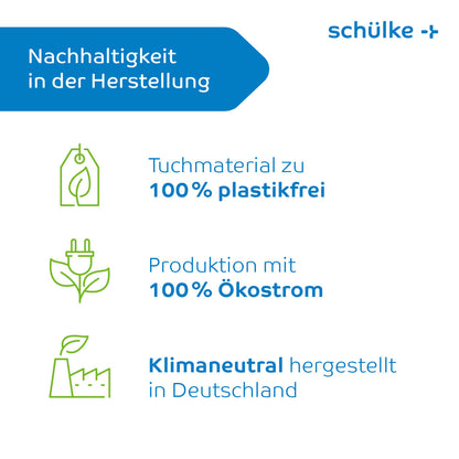 Die deutsche Infografik „Nachhaltigkeit in der Herstellung“ hebt die umweltfreundliche Produktion mit Symbolen für „100 % plastikfrei“, „100 % Ökostrom“ und „Klimaneutral hergestellt in Deutschland“ hervor, ideal für Produkte wie die Schülke mikrozid® Universaltücher der grünen Linie der Schülke & Mayr GmbH, die die Infektionsprävention fördern.