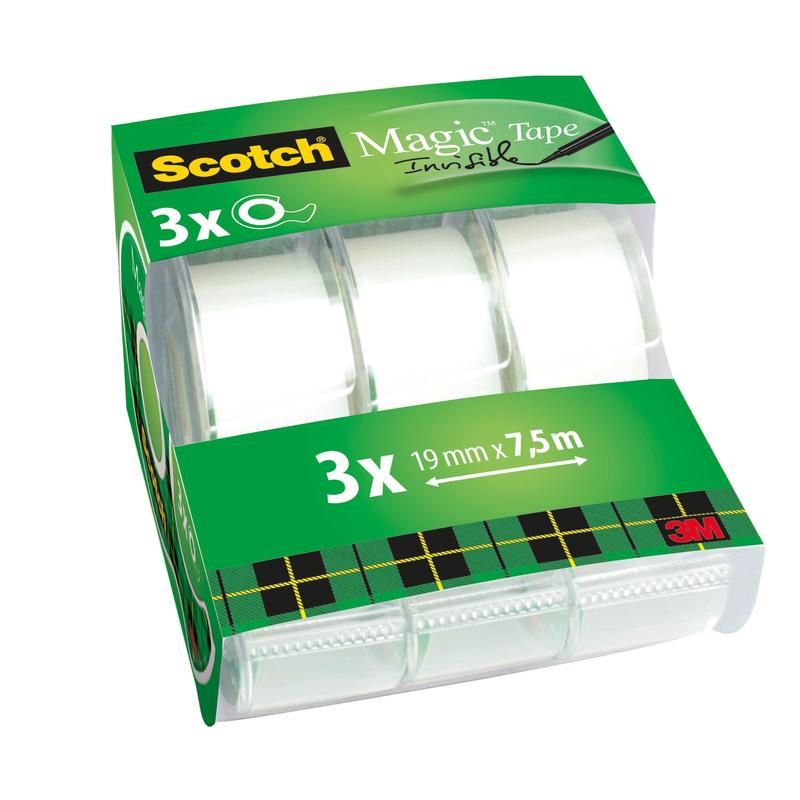 Scotch® Magic™ Unsichtbares Klebeband, 3 Rollen, 19 mm x 7,5 m mit Handabroller | Packung (3 Rollen)