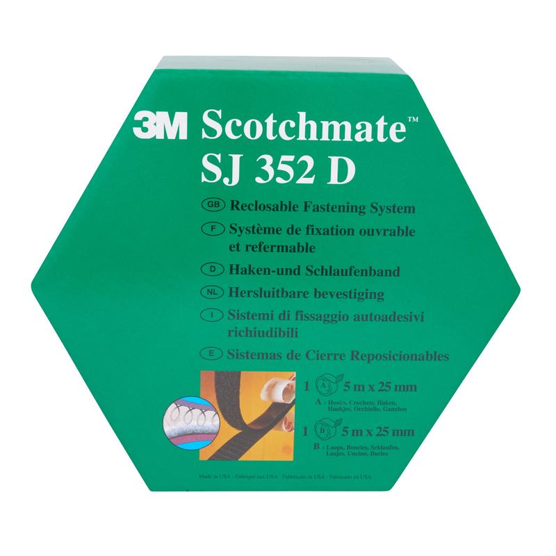 3M™ Haken- und Schlaufenband SJ352D, Schwarz, 25 mm x 5 m, 4.4 mm, Innenbereich, Spendebox | Packung (1 Stück)