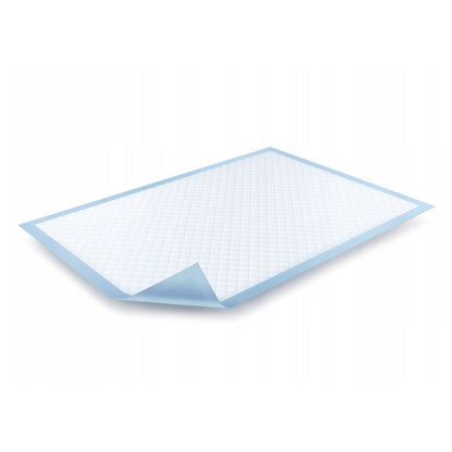 La sous-couche BeeSana® ComCell de Meditrade GmbH est une sous-couche jetable rectangulaire au format 60 x 90 cm avec une surface matelassée blanche et un bord bleu distinctif. Un coin peut être soulevé, révélant le dessous bleu clair qui souligne sa propriété de sous-couche hygiénique super absorbante. Paquet de 25 pièces.